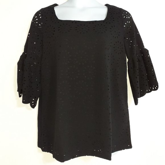 Jessica London Black Bell Sleeve Tunic Top w/Floral Cut Out Overlay 12 NWOT NEW - Picture 7 of 14